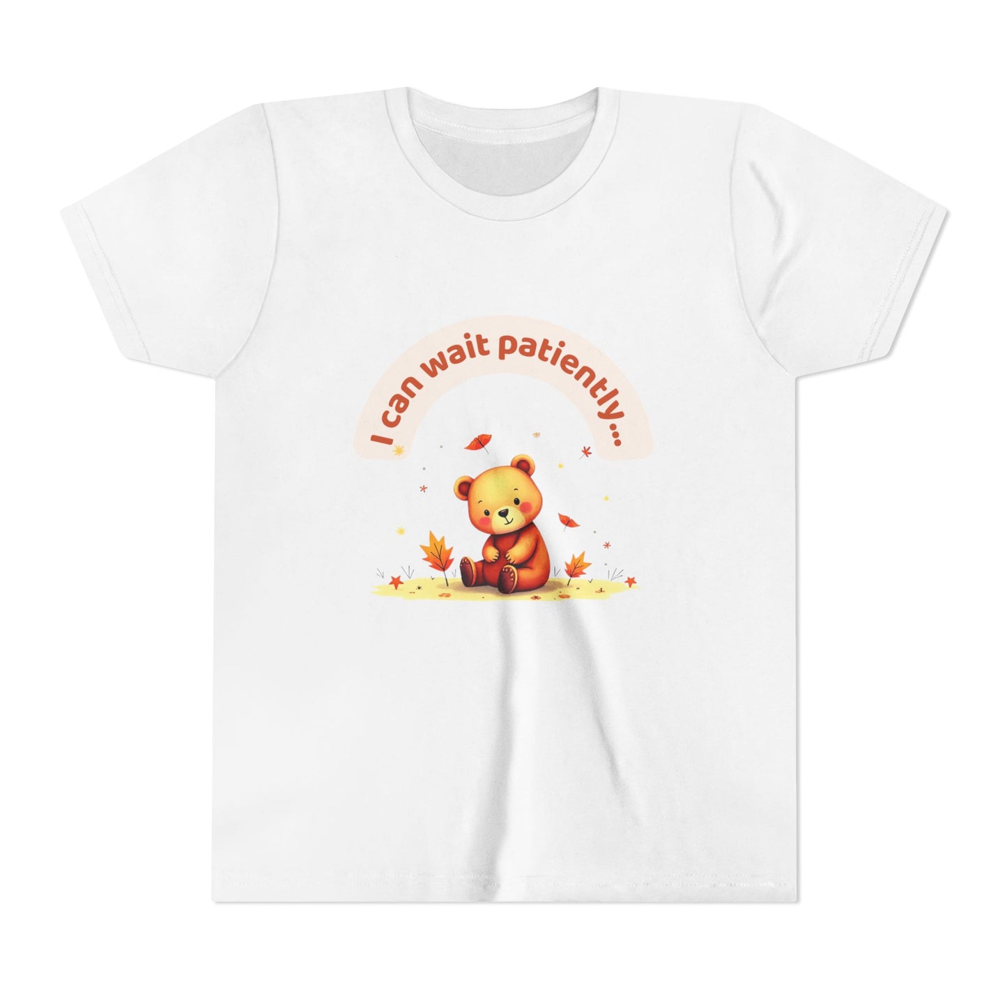 White t-shirt with a teddy bear graphic and text on a white background