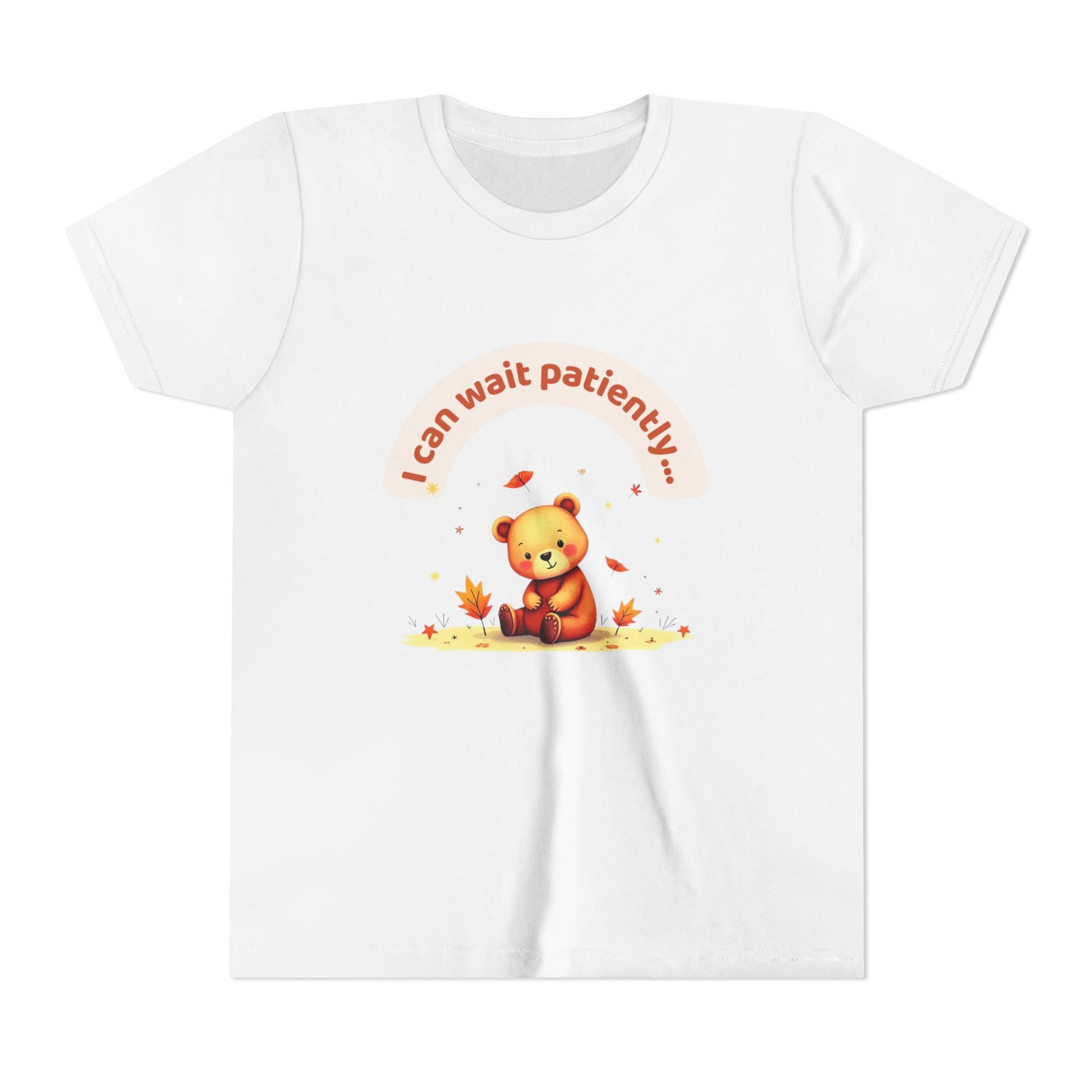 White t-shirt with a teddy bear graphic and text on a white background