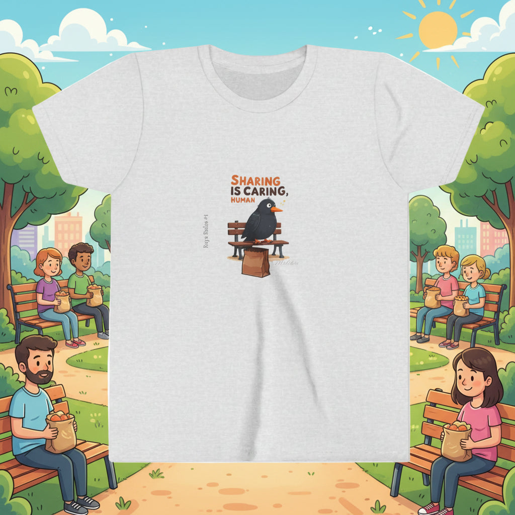 White t-shirt with a graphic of a black crow, Ray, on a park bench and an empty lunch bag and text 'Sharing is Caring, Humor' on a white background
