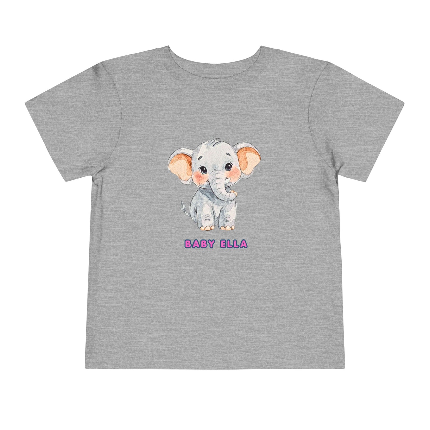 Gray t-shirt with a cartoon elephant and 'Baby Ella' text on a white background