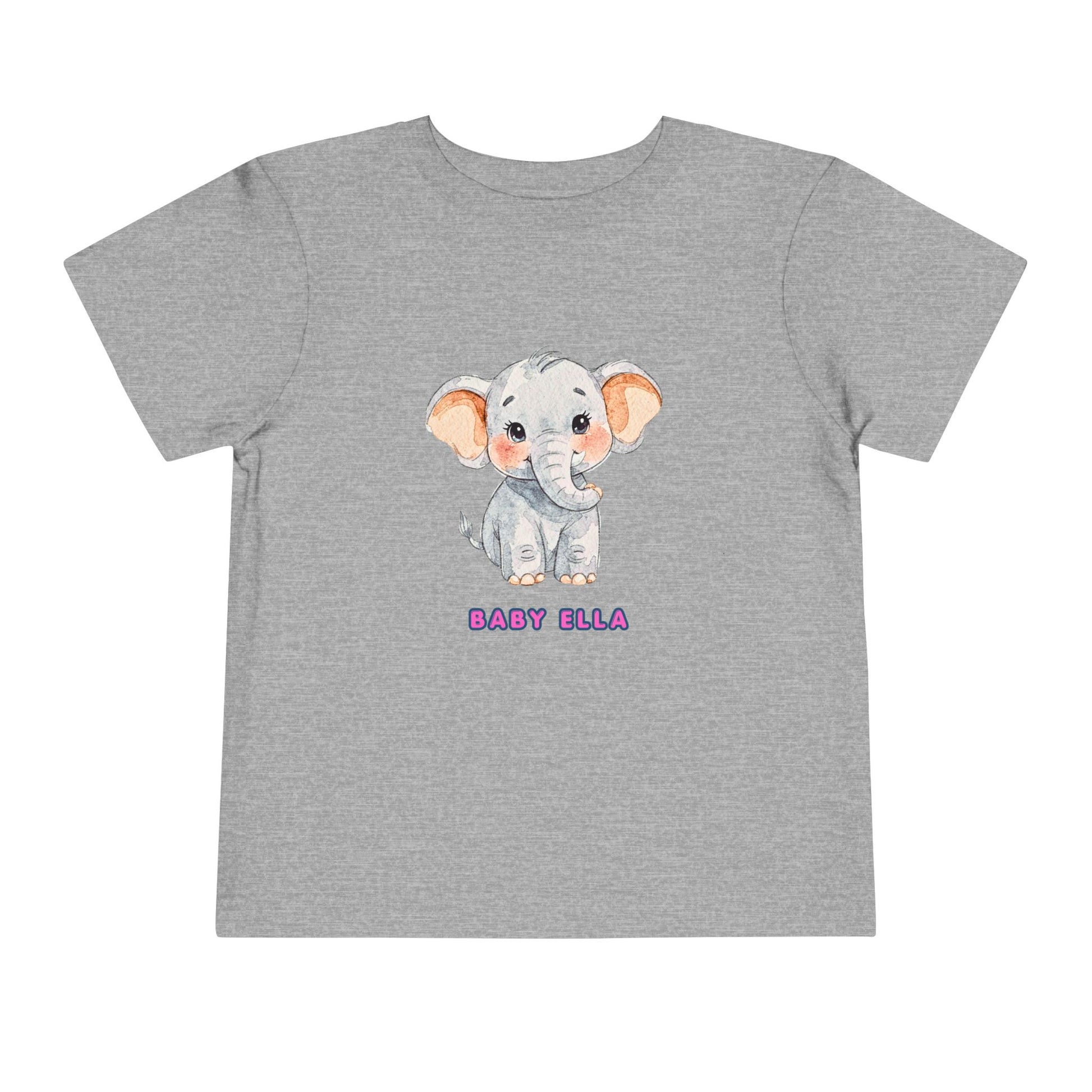 Gray t-shirt with a cartoon elephant and 'Baby Ella' text on a white background