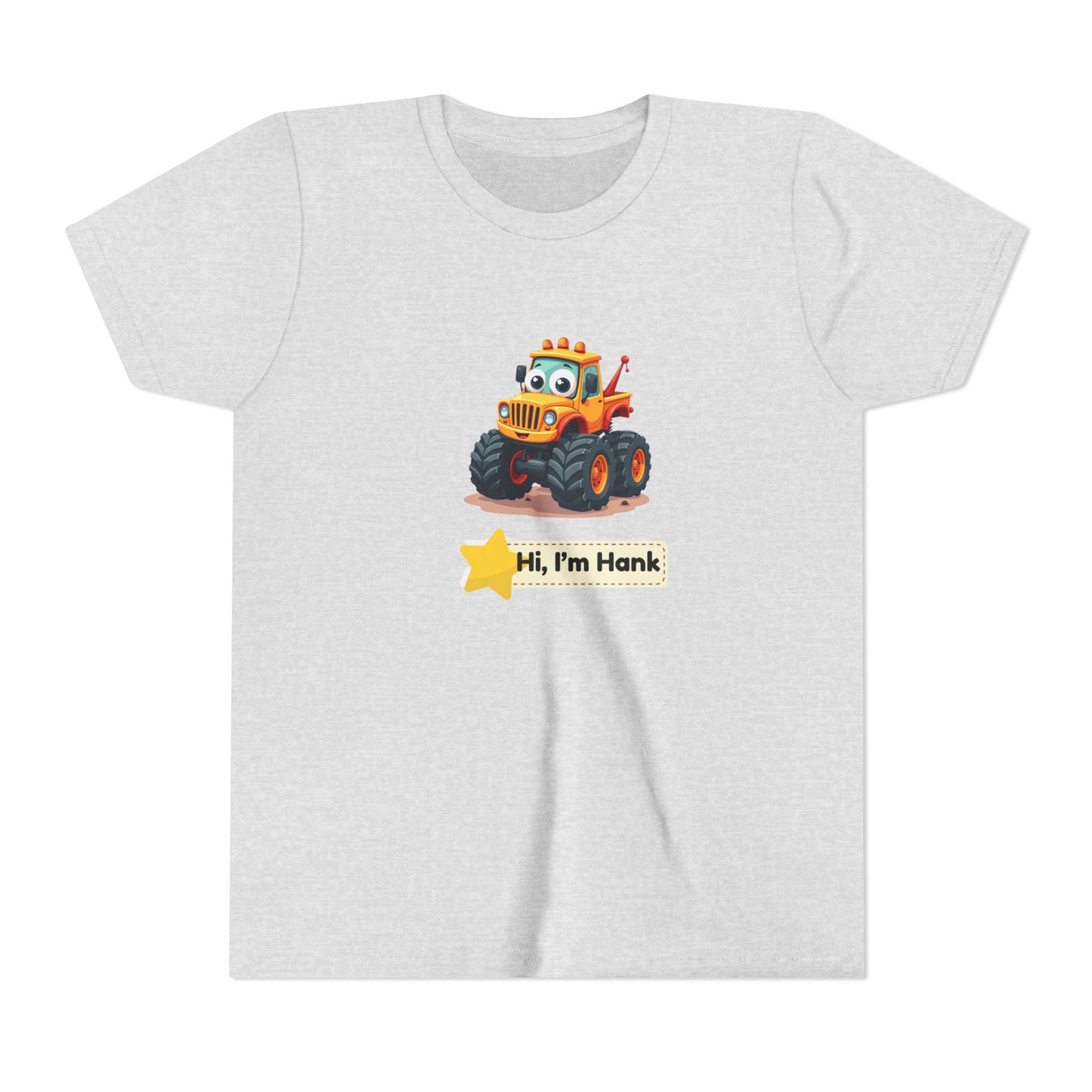 A light heather ash  gray short-sleeve t-shirt featuring a cartoon graphic of a cheerful yellow/ orange truck with a smiling face and the text 'Hi, I'm Hank' below it.