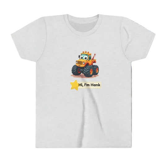 A light heather ash  gray short-sleeve t-shirt featuring a cartoon graphic of a cheerful yellow/ orange truck with a smiling face and the text 'Hi, I'm Hank' below it.