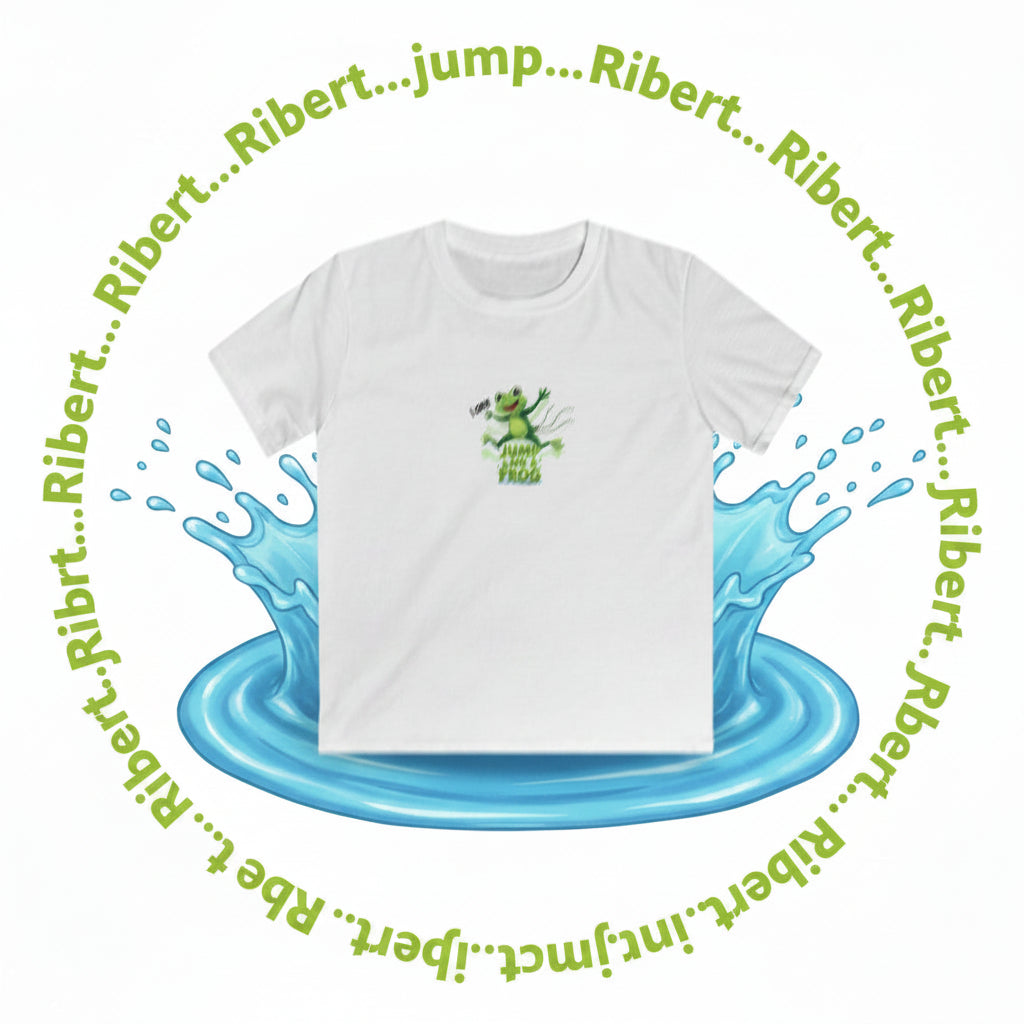 A white short-sleeve crewneck t-shirt featuring a green cartoon frog graphic on the chest with the text 'I CAN I Jump like a FROG'.