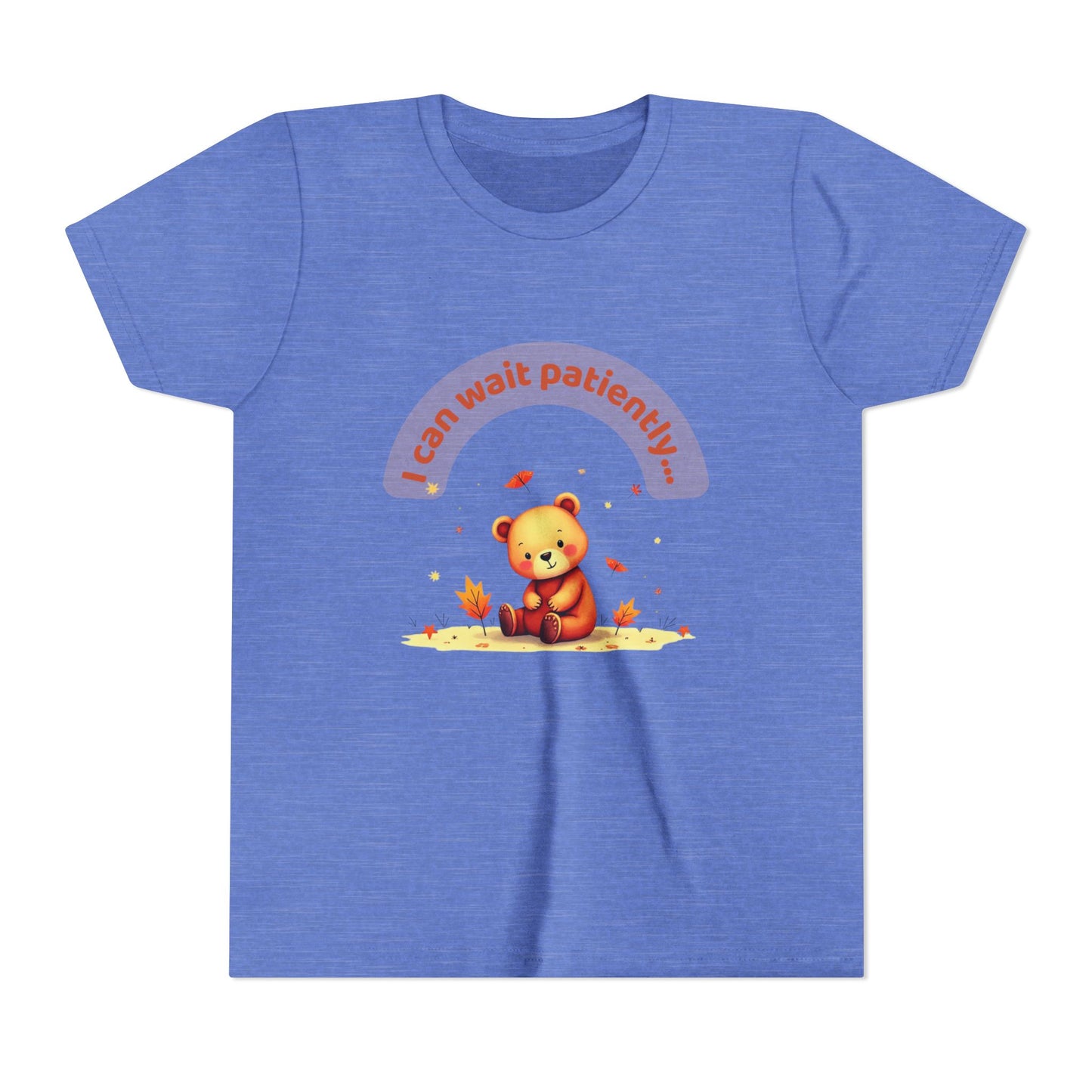 Blue t-shirt with a teddy bear graphic and text on a white background
