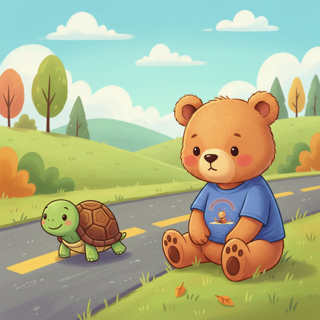 Blue t-shirt with a teddy bear graphic and text on a white background