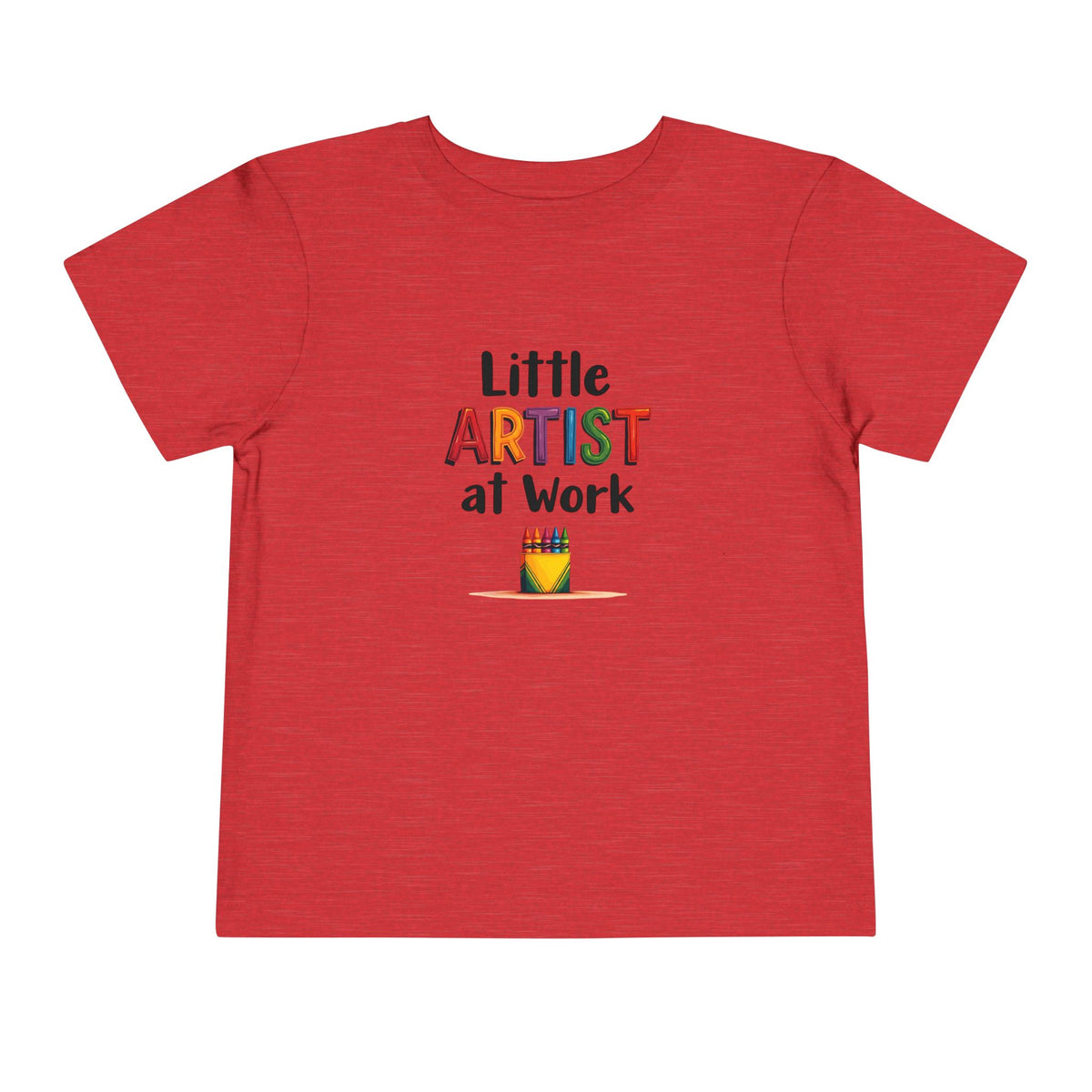 A red heather short-sleeve toddler's t-shirt with a colorful graphic on the chest that reads 'Little ARTIST at Work' above a small box of crayons shown on a plain white background.