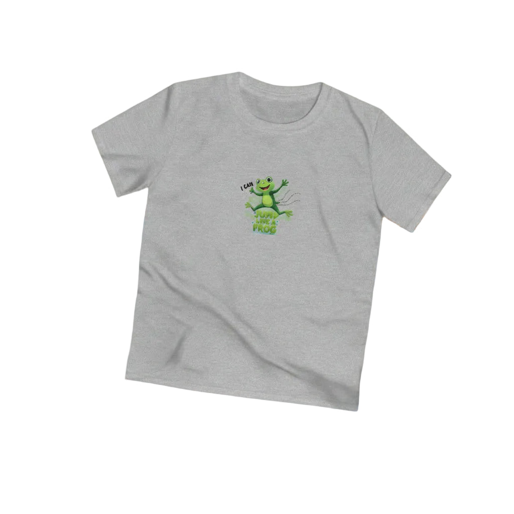 A heather gray short-sleeve t-shirt with a green cartoon frog graphic on the chest. The graphic features a frog jumping with the text, "I can jump liek a frogn."Text at the bottom: I CAN jump like Ribert the frog."