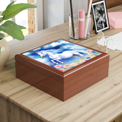Unicorn Jewelry Box — Magical White Unicorn in Floral Meadow Keepsake Box