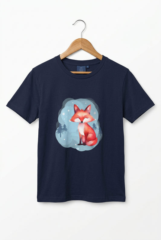 Youth tee featuring Rowan the Winter Listener Fox sitting peacefully in a snowy woodland scene, printed on navy or deep heather.
