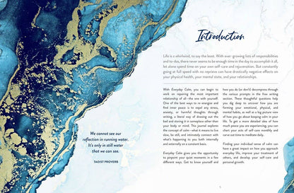 Book page with blue and gold abstract design on the left and text on the right.