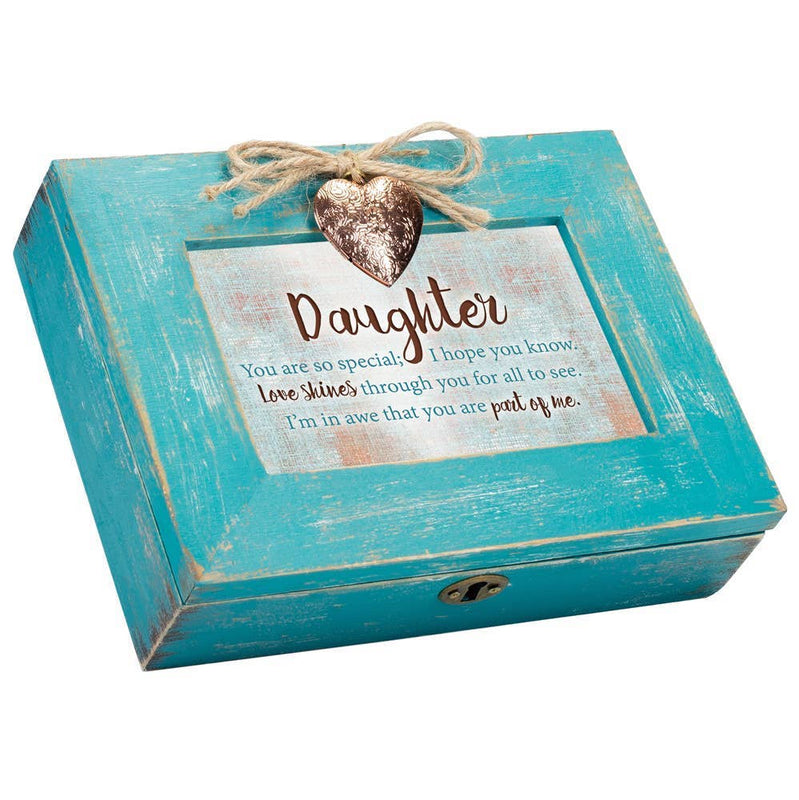 Turquoise wooden box with a heart-shaped tag and sentimental message on a white background