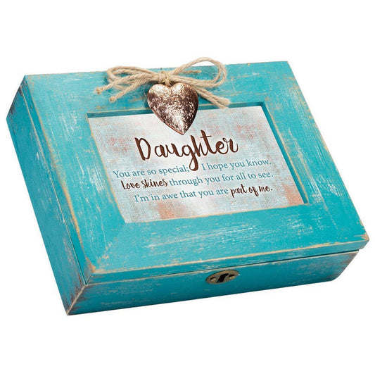 Turquoise wooden box with a heart-shaped tag and sentimental message on a white background