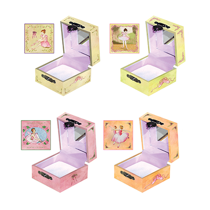  Four jewelry boxes with ballerina designs on a white background