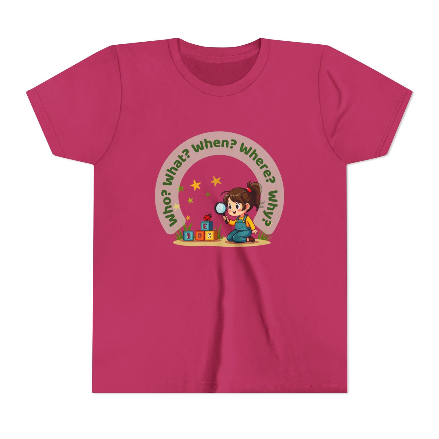 Pink t-shirt with a child-themed graphic and text on a white background
