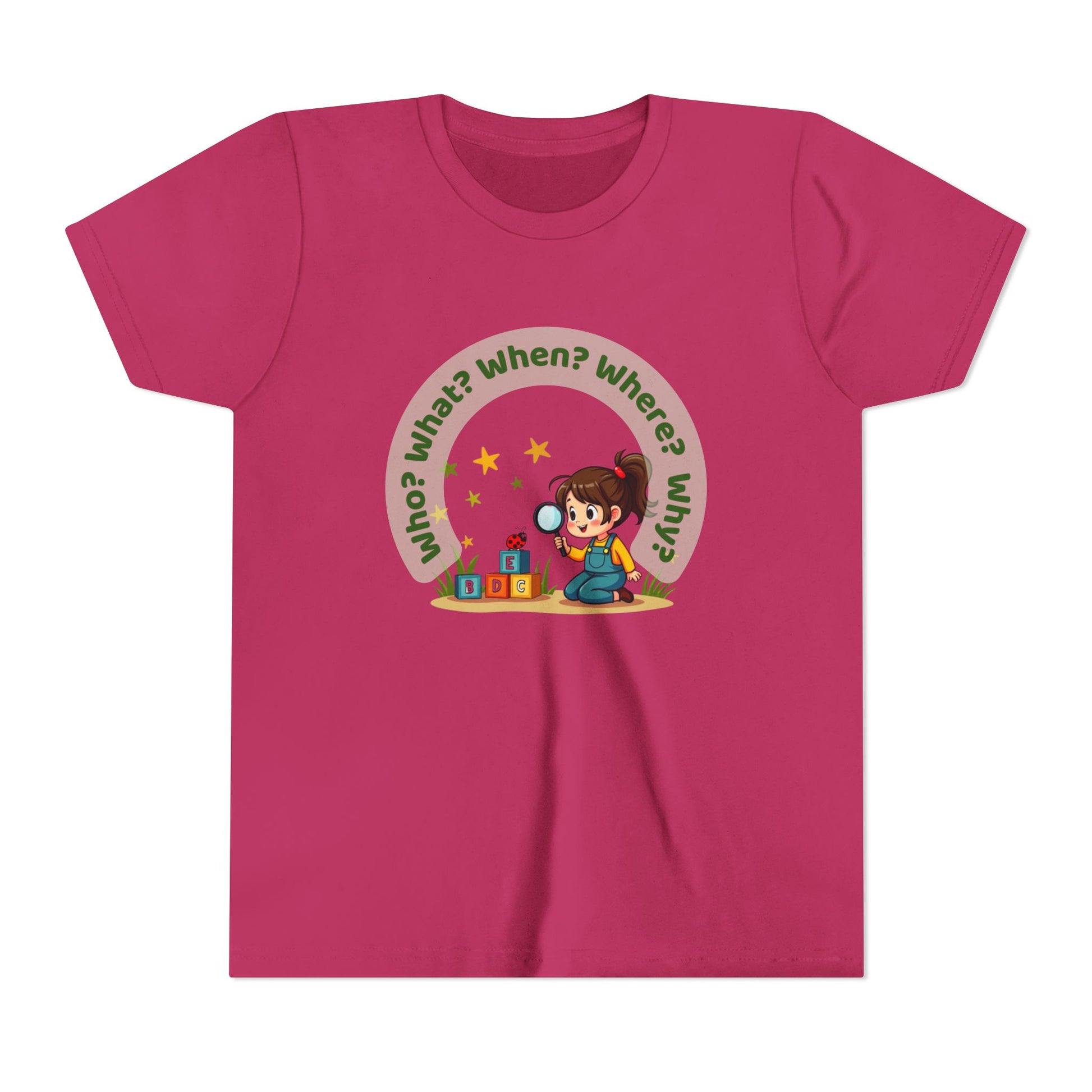 Pink t-shirt with a child-themed graphic and text on a white background