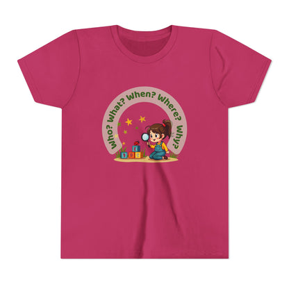 Pink t-shirt with a child-themed graphic and text on a white background