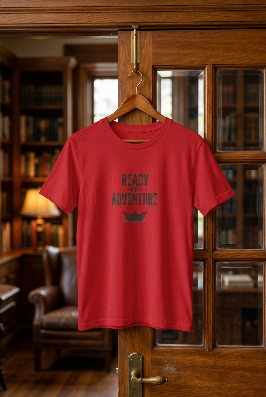 Kids red T‑shirt with bold black “Ready for Adventure” text and a small paper boat graphic.