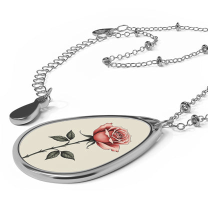 Rose Oval Pendant Necklace — Vintage Floral Teardrop Locket