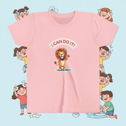 Pink t-shirt with a cartoon lion and 'I CAN DO IT!' using tissue for nose washing hands white background