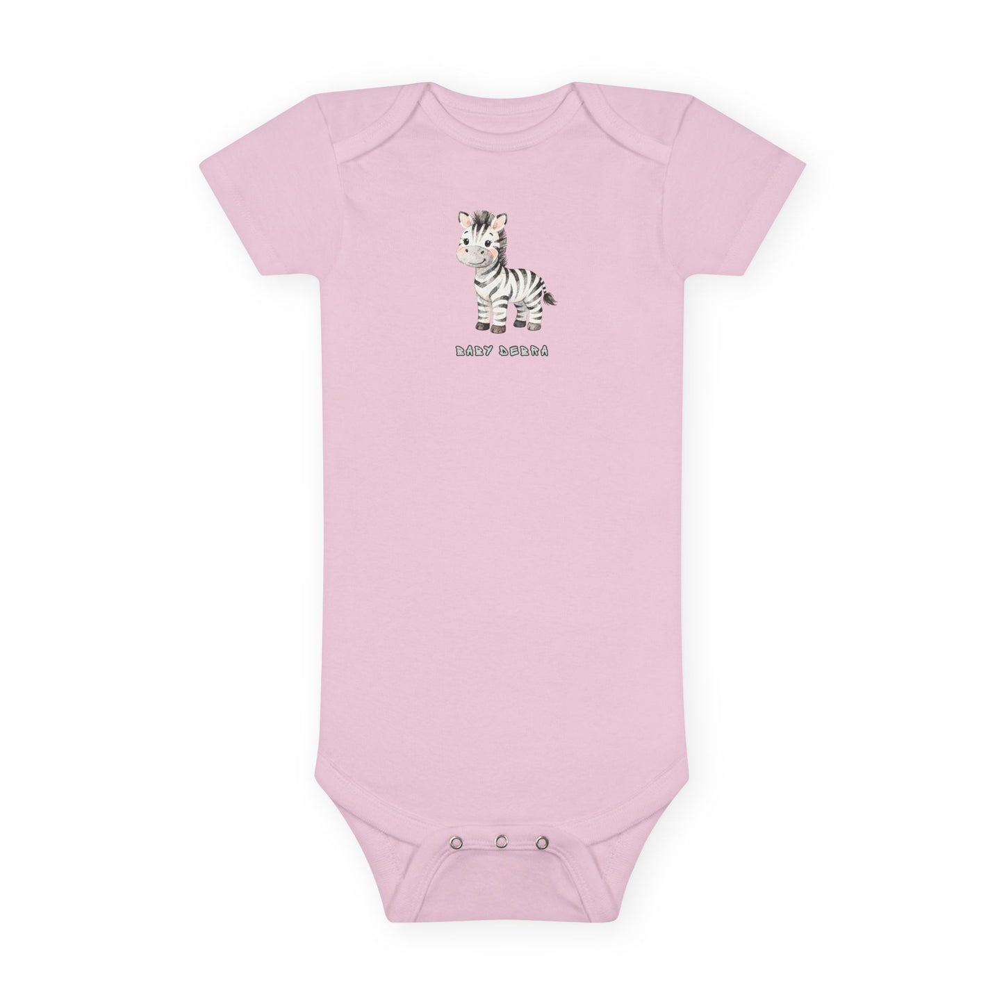 Pink baby onesie with a zebra design on a white background