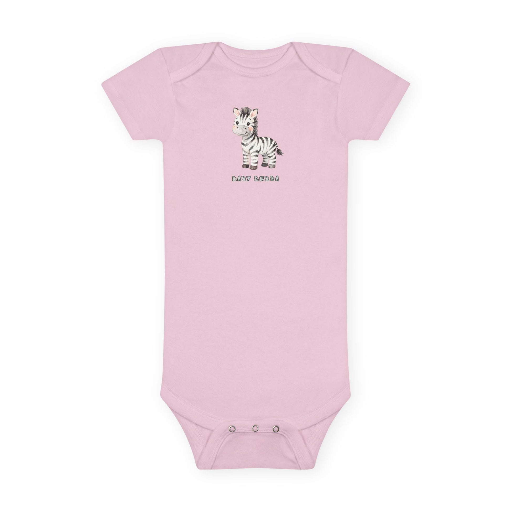Pink baby onesie with a zebra design on a white background