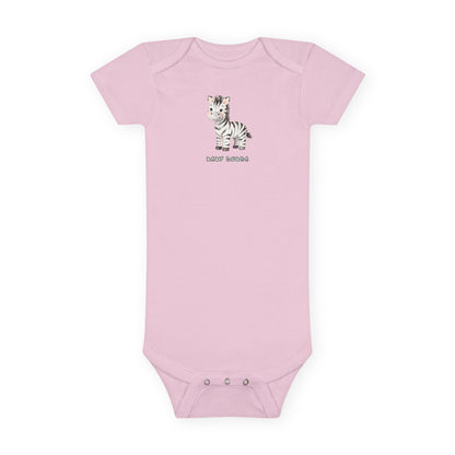 Pink baby onesie with a zebra design on a white background