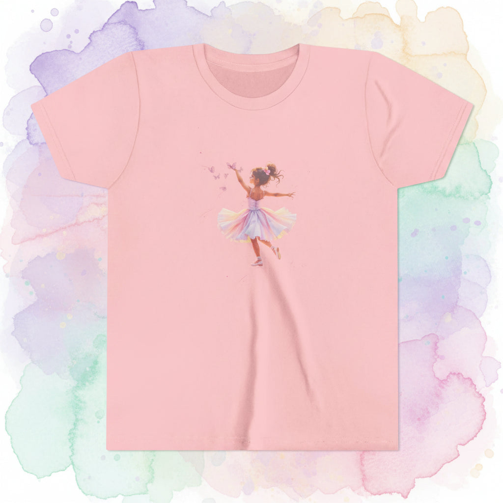 Pink t-shirt with a fairy graphic on a white background