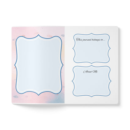 Journal with blue placeholder text on a pastel gradient background