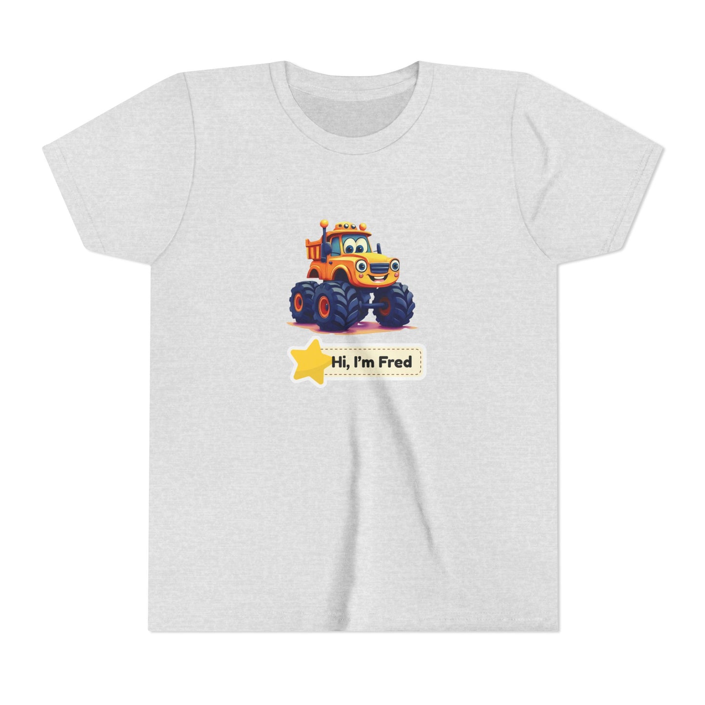 A light heather gray short-sleeve t-shirt featuring a cartoon graphic of an orange and blue monster truck with the text 'Hi, I'm Fred' and a yellow star, shown on a plain white background.