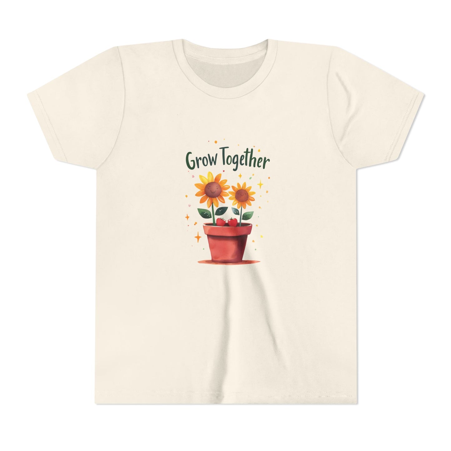 Beige t-shirt with sunflower design and 'Grow Together' text on a white background