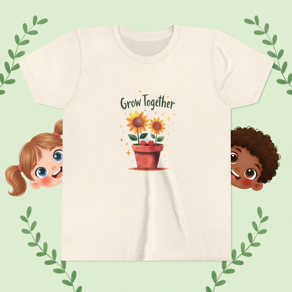 Beige t-shirt with sunflower design and 'Grow Together' text on a pale green background. Two children peek around the featured shirt. Some greenery on the corners.