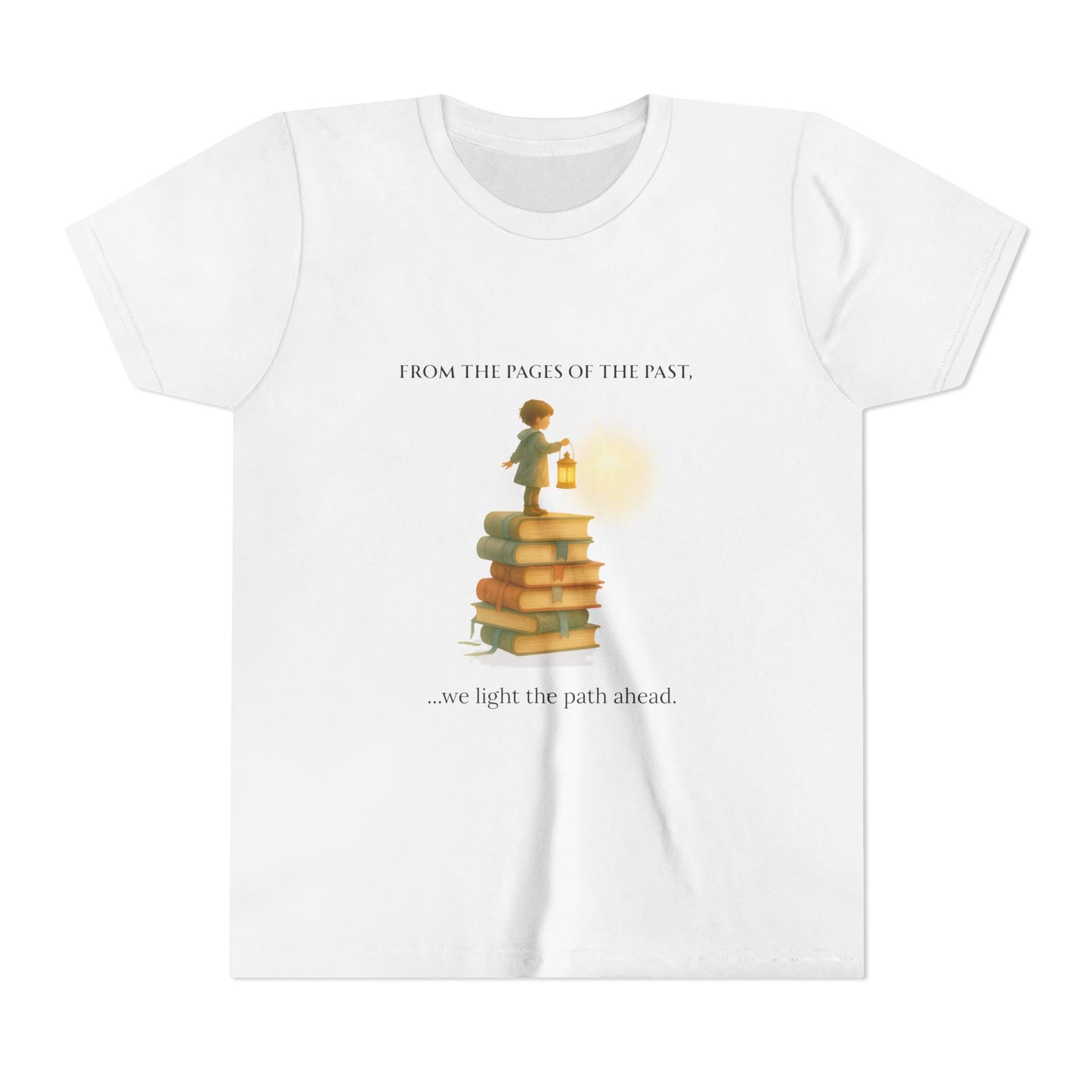 White t-shirt with a graphic of a child on books and text 'From the pages of the past, we light the path ahead.'