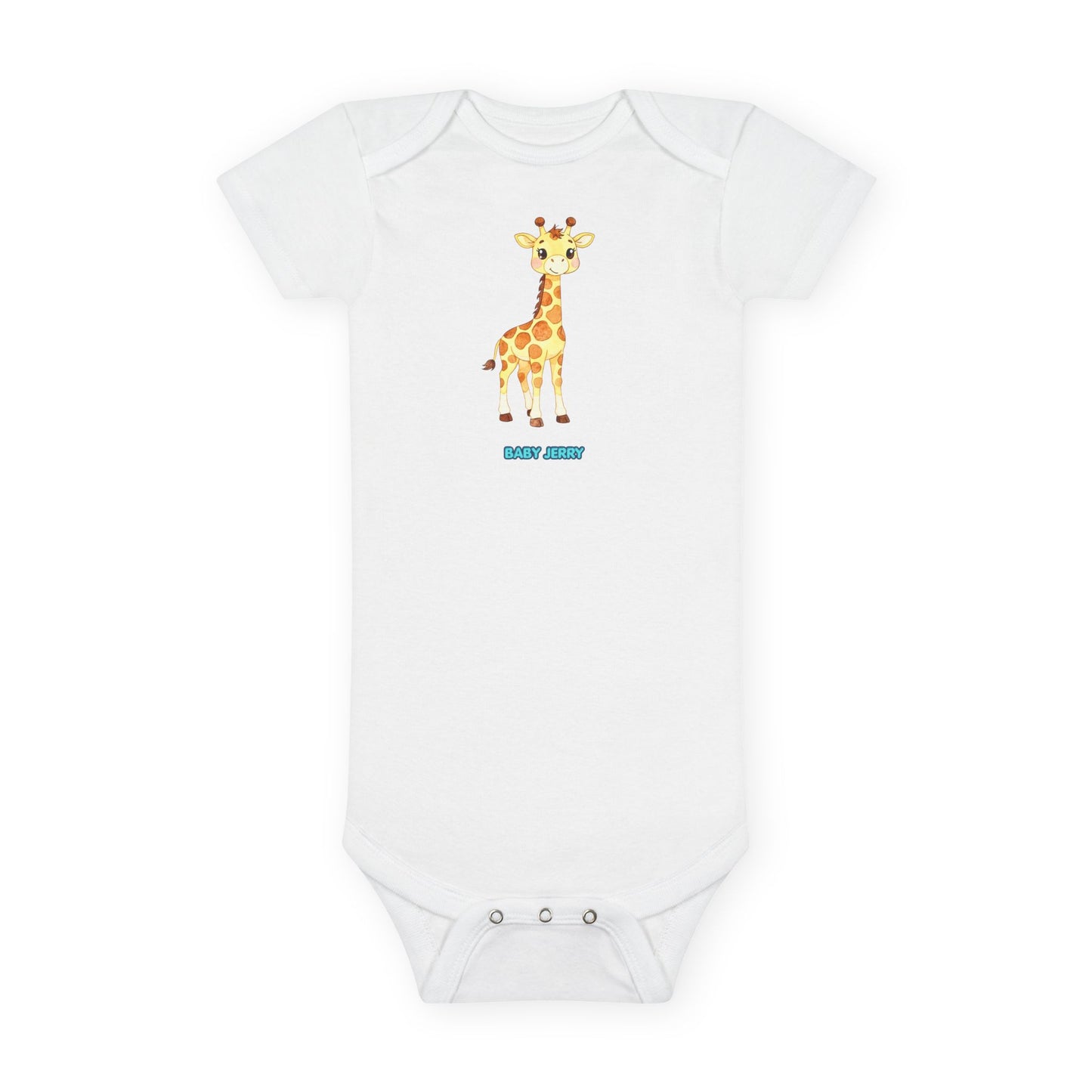 White baby onesie with a giraffe design on a white background