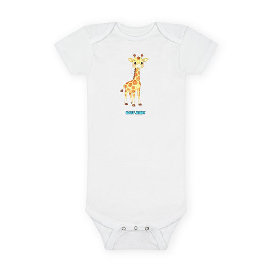 White baby onesie with a giraffe design on a white background