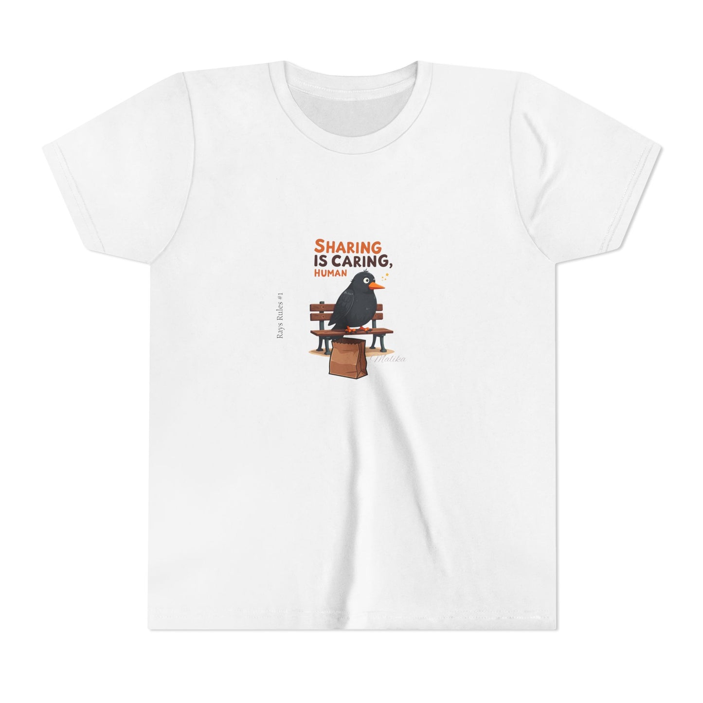 Youth Tee — "Sharing Is Caring" Bird Bench Graphic