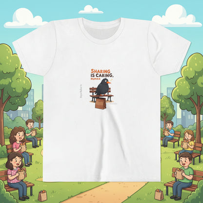 White t-shirt with a graphic of a penguin and text 'Sharing is Caring, Humor' on a white background