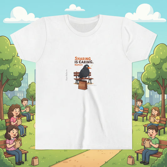 White t-shirt with a graphic of a penguin and text 'Sharing is Caring, Humor' on a white background