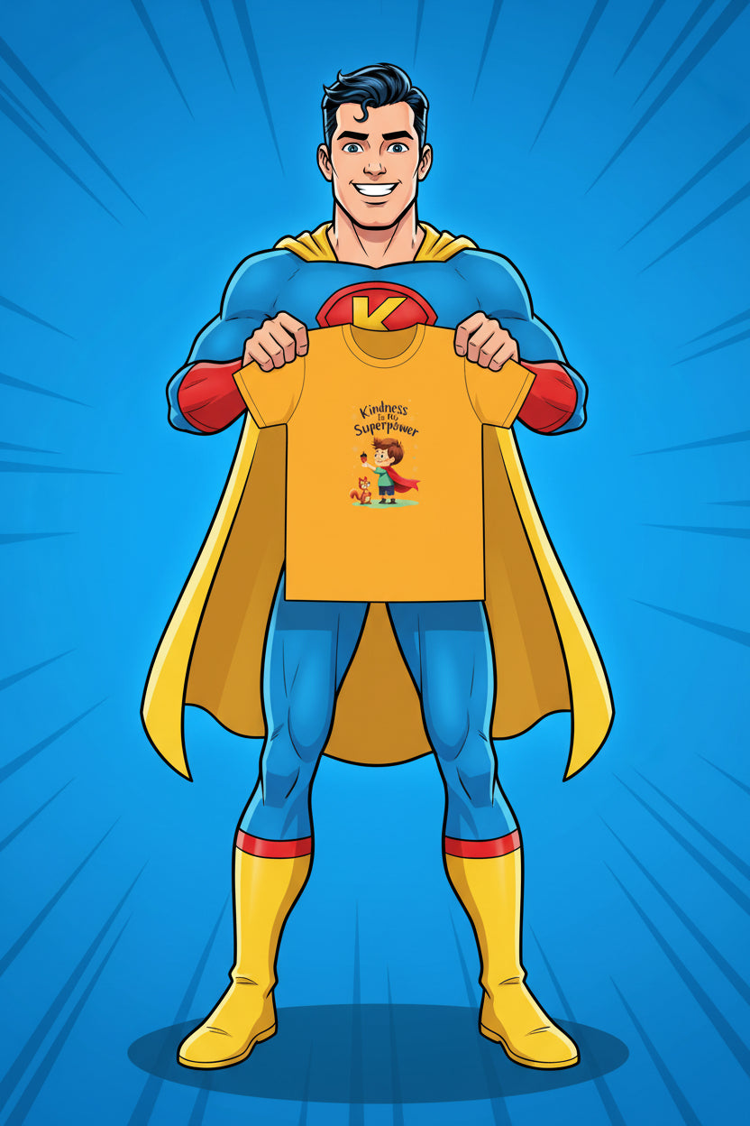 Yellow t-shirt with a child and fox graphic and 'Kindness is my superpower' text on a white background