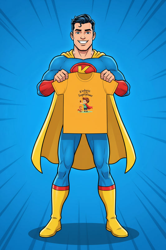 Yellow t-shirt with a child and fox graphic and 'Kindness is my superpower' text on a white background