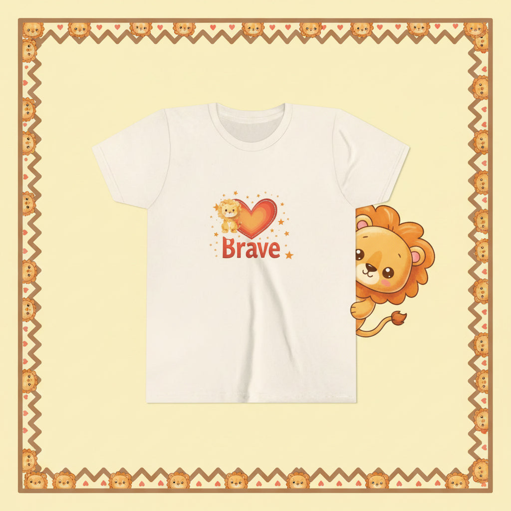 Beige t-shirt with a cartoon lion holding a heart and the word 'Brave' on a natural beige t-shirt.