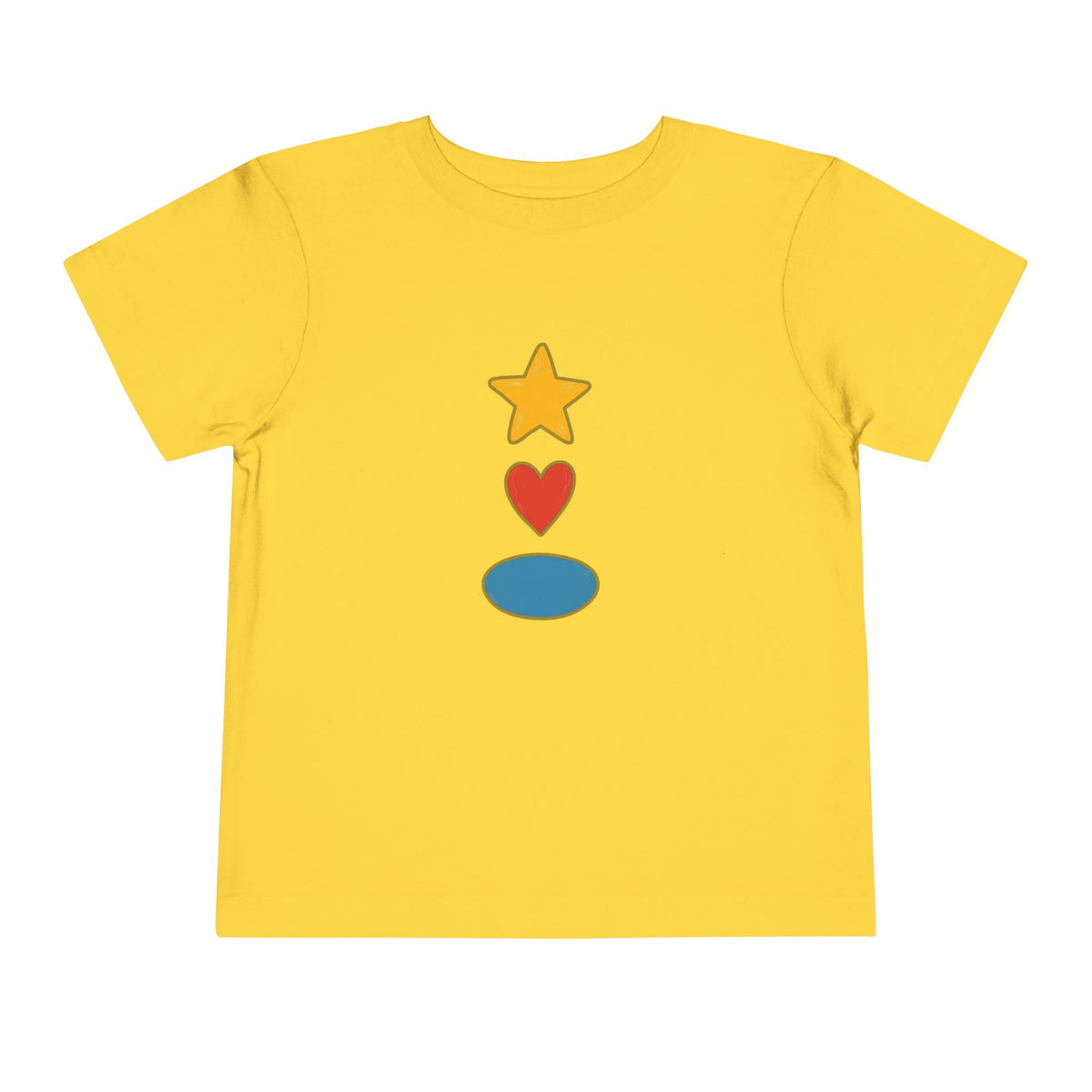 A yellow short-sleeve kids' t-shirt with a graphic of a yellow star, red heart, and blue oval stacked vertically on the chest, shown against a plain white background.