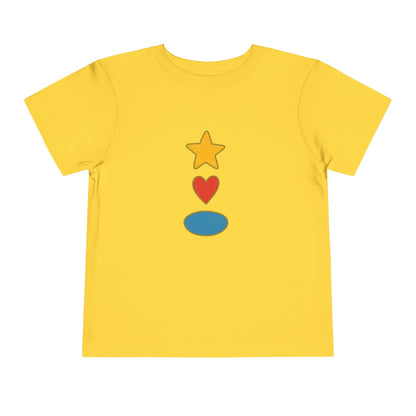 A yellow short-sleeve kids' t-shirt with a graphic of a yellow star, red heart, and blue oval stacked vertically on the chest, shown against a plain white background.