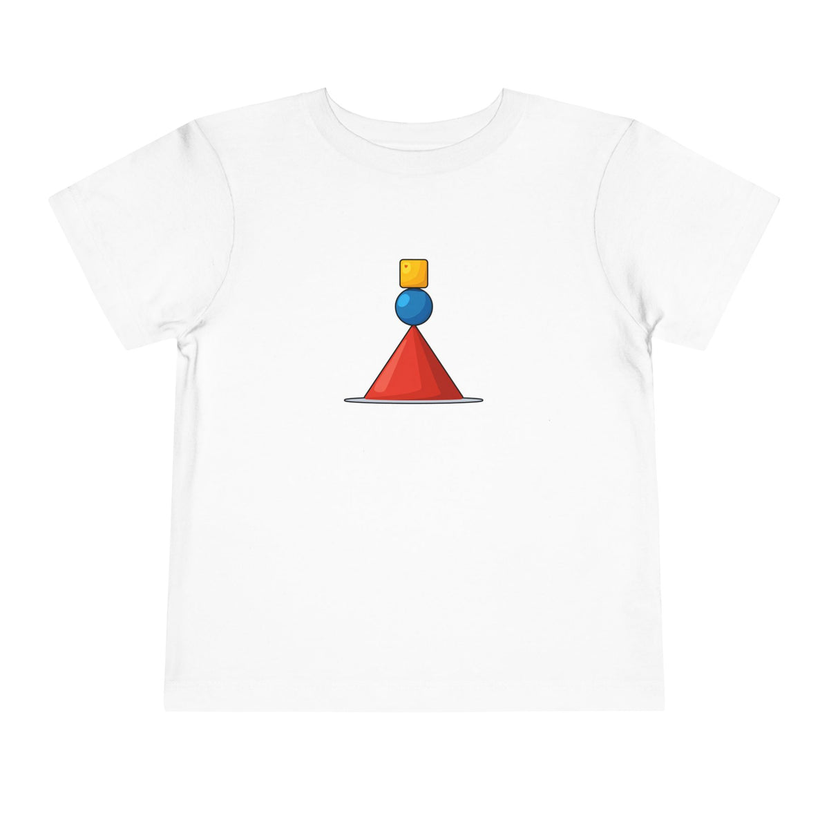 A white short-sleeve crewneck t-shirt featuring a central graphic of a red cone balanced on a blue sphere, which is topped by a small yellow square, all resting on a thin gray line.