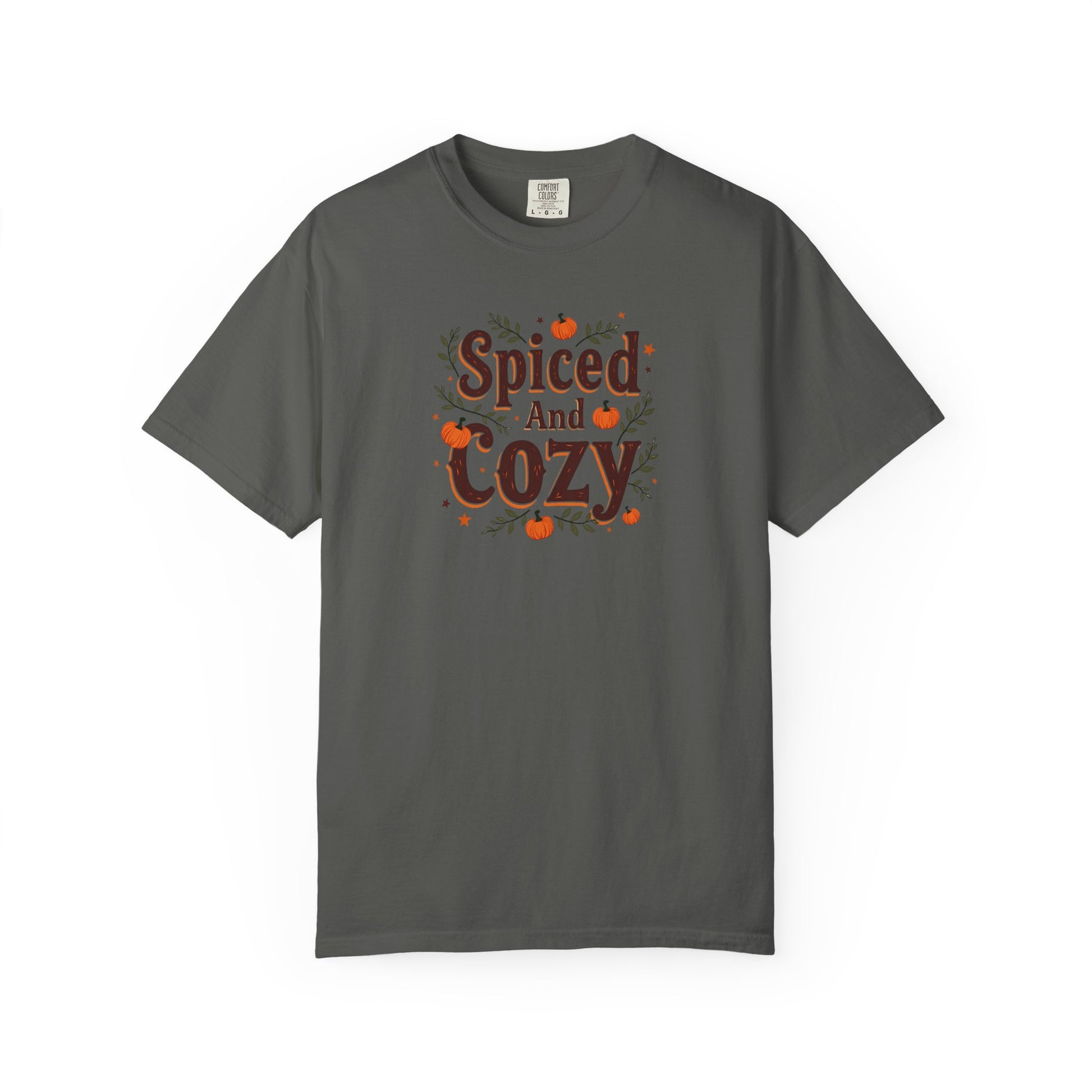 Gray t-shirt with 'Spiced and cozy' text in red on a white background