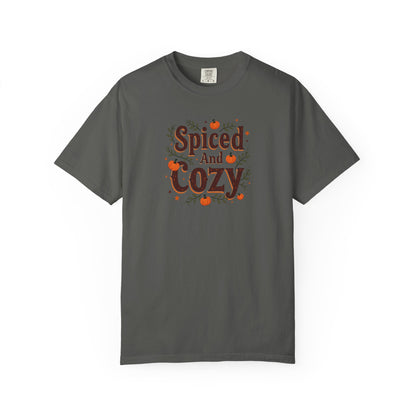 Gray t-shirt with 'Spiced and cozy' text in red on a white background