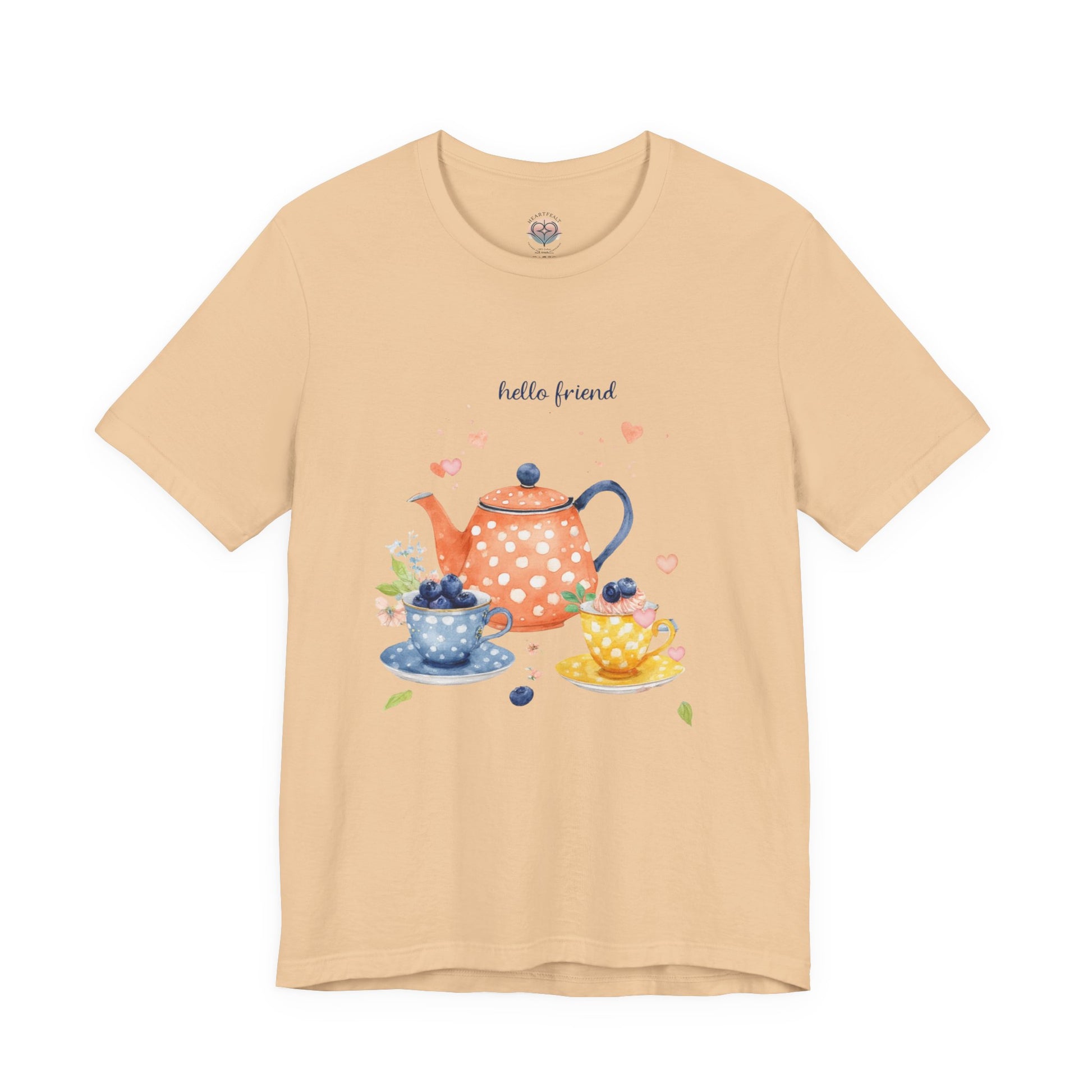Beige t-shirt with a tea-themed graphic and 'hello friend' text on a white background