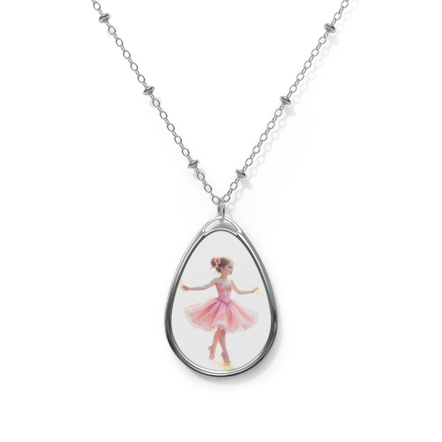 Teardrop Necklace: Dancing Ballerina - Oval Art Pendant (Silver-Tone)