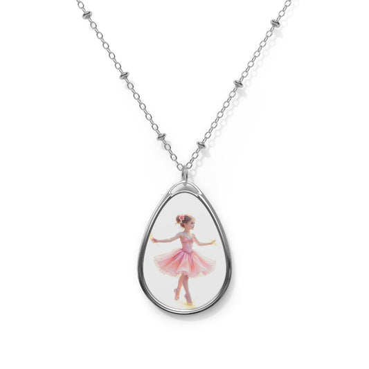 Teardrop Necklace: Dancing Ballerina - Oval Art Pendant (Silver-Tone)