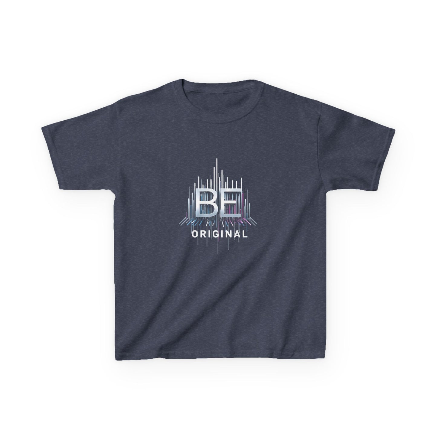 A dark navy blue short-sleeve t-shirt with a graphic on the chest featuring the text 'BE ORIGINAL' in white and light blue, displayed on a clean white background.